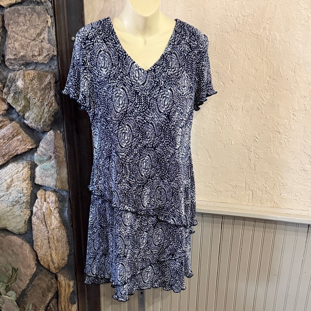 Connected Apparel Navy and White Patterned Dress